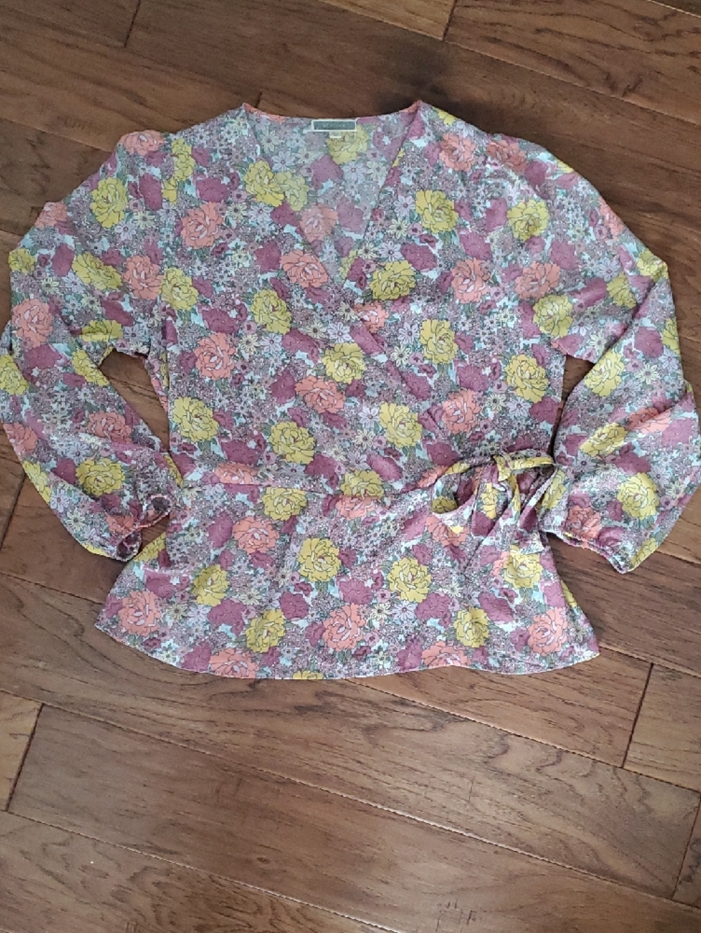 Pleione Coastal Pink & Yellow Floral Faux Wrap Blouse Boho Size XL